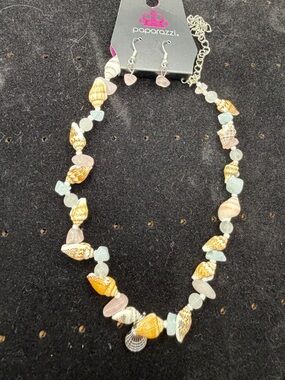 Seashell Beaded Necklace: Pale Blue, Pale Pink Smooth Stone Beads, $ Shell Charm